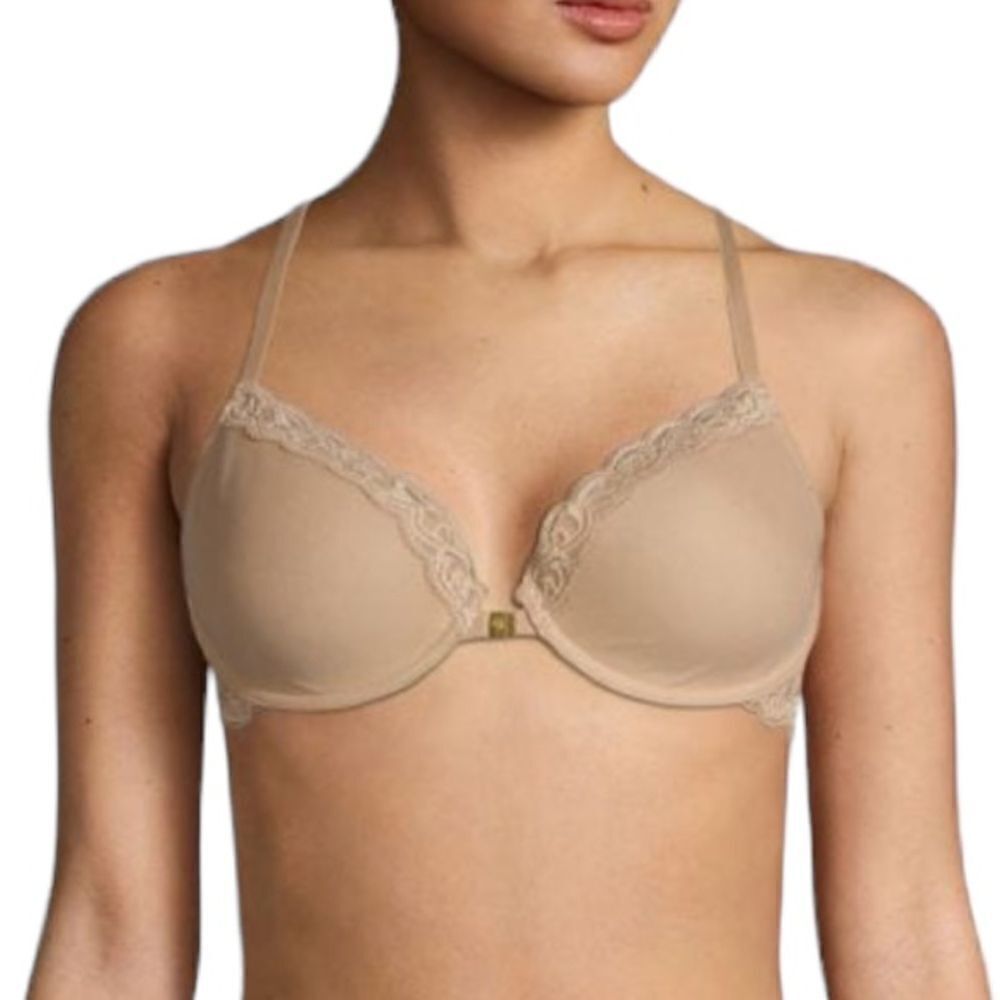 Natori Feathers T-back underwire bra nude cafe lace trim front closure size 34DD